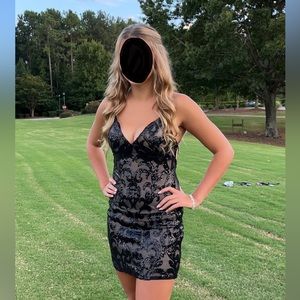 Windsor black sequin and lace mini dress (open back) size small